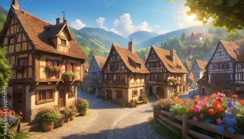 "Set amidst a picturesque landscape, a village unfolds like a storybook scene, with half-timbered houses adorned with colorful flowers, and a central square bustling with energy."