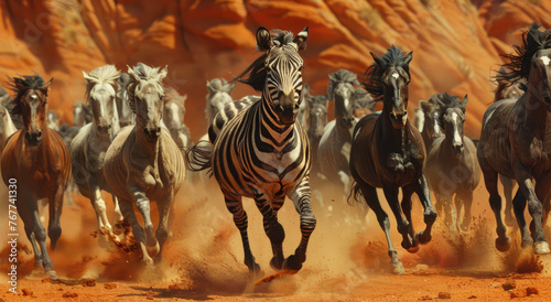 A photo of an epic scene with one zebra leading the way in front  surrounded by hundreds of horses running behind it on red dirt ground