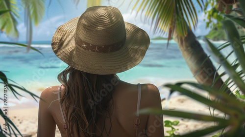 Back view of young woman in swimsuit and beach hat Sitting on the beautiful beach © Yuwarin