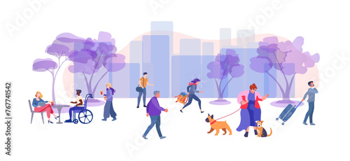 People going along city street withtrees. Big woman walks with a dogs. Urban panorama with pedestrians, buildings and road. Horizontal cityscape. Scene with citizens walking at sidewalks in town. Flat