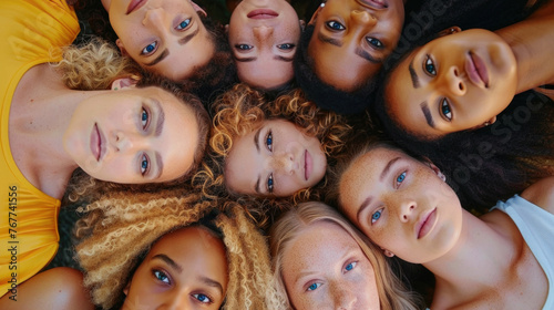 A close-up view of a circle formed by diverse women lying down, heads together, looking up