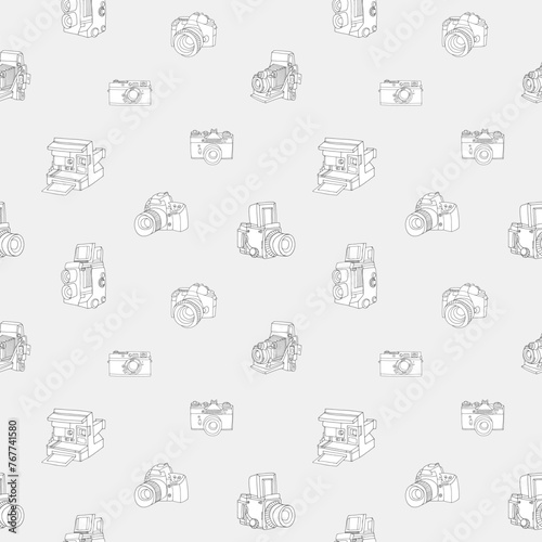 Old film cameras, seamless pattern. Vintage photography, endless monochrome b...