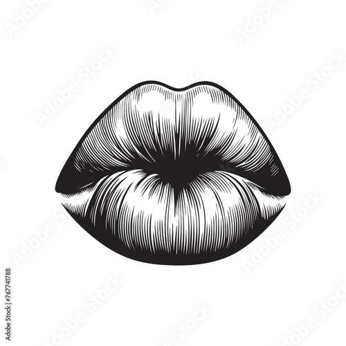 a black and white drawing of puckering lips illustration