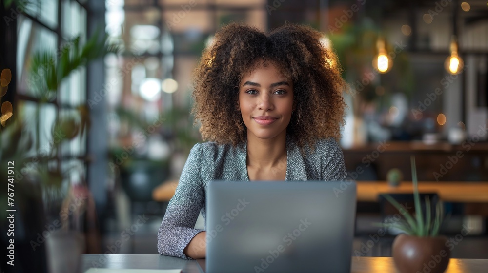 Portrait of pretty young business woman sitting on workplace with laptop