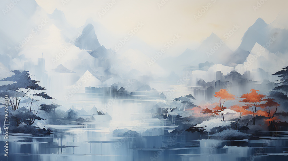 landscape art work light tones of the mountain in white and blue tones watercolor style for design - obrazy, fototapety, plakaty 