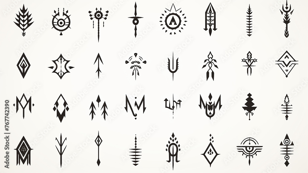set of fictional symbols of rune icons on a white background, mystical logos and signs collection on white - obrazy, fototapety, plakaty 