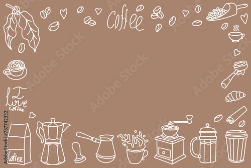 Banner for a coffee shop. Cute doodle cartoon cafe icons. Set of hand drawn coffee designs: drinks, snacks and coffeeware. Vector outline hand drawn coffee and bakery for cafe menu. Vector photo