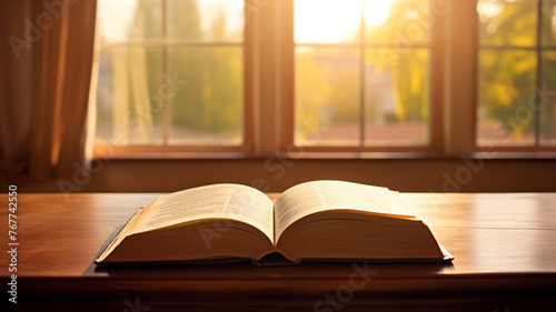 Open book on a wooden table in a library with the morning light falling on the book