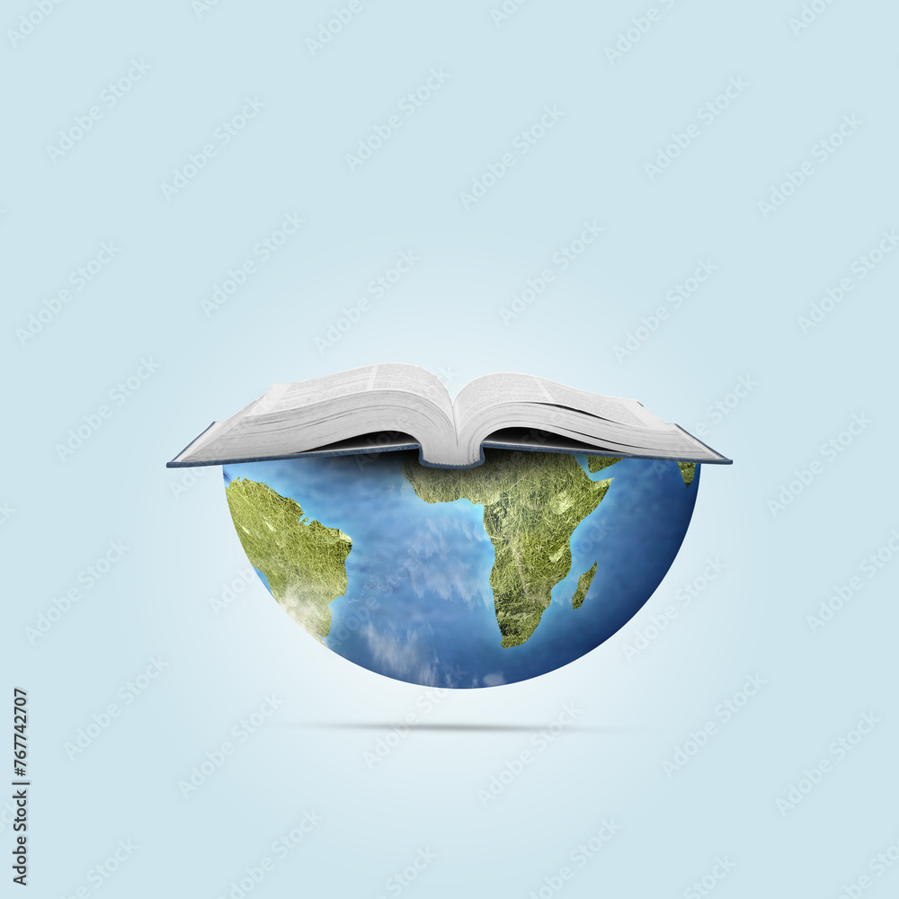 Image of an open book on a hal cut globe earth isolated over white background. World book days concept. - obrazy, fototapety, plakaty 