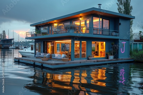 Exterior view of a floating house with dock