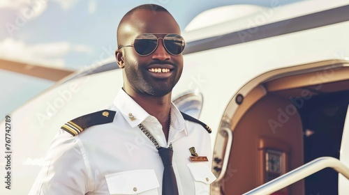 African American male pilot in uniform in sunglasses. In his aviator sunglasses, he commands the cockpit with authority and passion, a true leader in the sky.