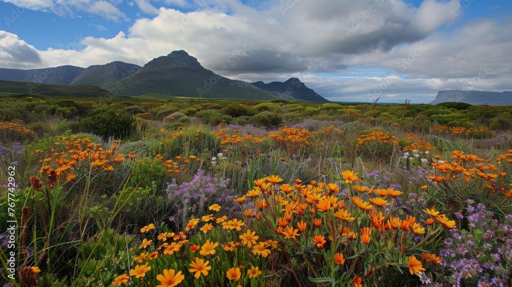 Wildflower Field With Mountain Backdrop