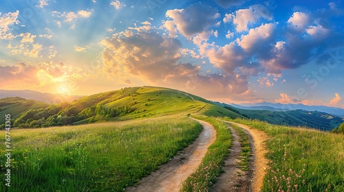 Picturesque winding path through a green grass field in hilly area in morning