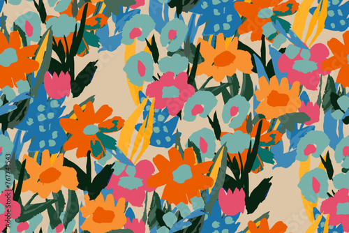 Abstract floral seamless pattern. Bright colors, gouache painting.hand drawn, not AI