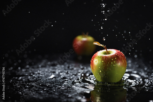 A juicy, ripe apple falls into the water. Splashes and drops of water on an apple. Created by artificial intelligence.