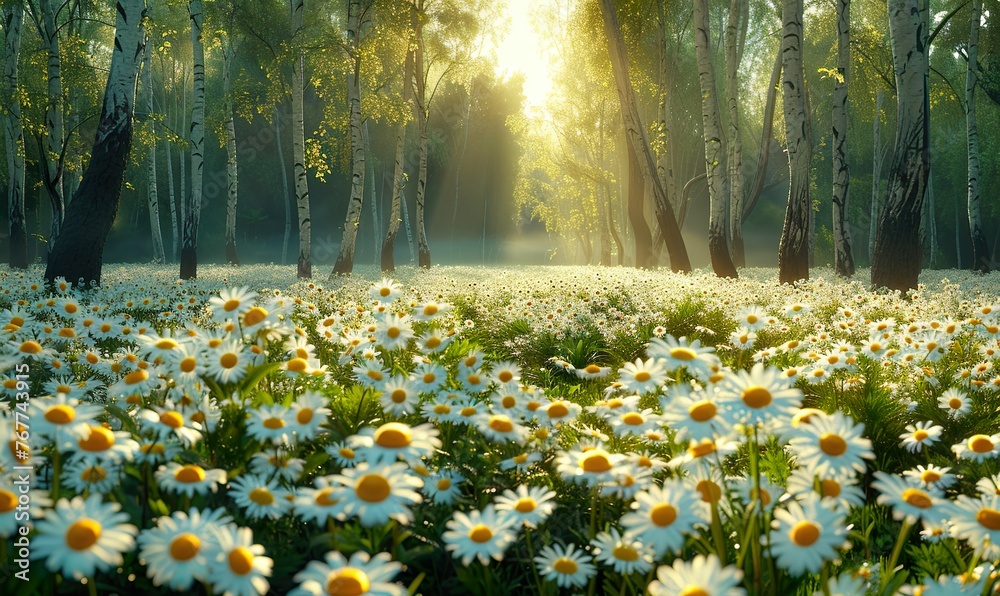 A vast forest covered in chamomile blossoms in springtime