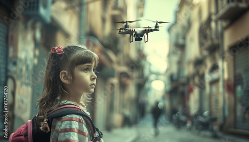 A young girl looking at a hovering drone in the middle of a street