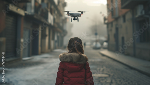 A young girl looking at a hovering drone in the middle of a street