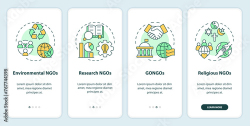 Types of NGOs onboarding mobile app screen. Non profit organizations walkthrough 4 steps editable graphic instructions with linear concepts. UI, UX, GUI template. Myriad Pro-Bold, Regular fonts used