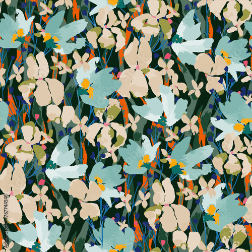  Abstract floral seamless pattern. Bright colors, gouache painting.hand drawn, not AI