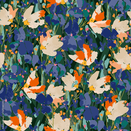  Abstract floral seamless pattern. Bright colors, gouache painting.hand drawn, not AI © taisiyakozorez