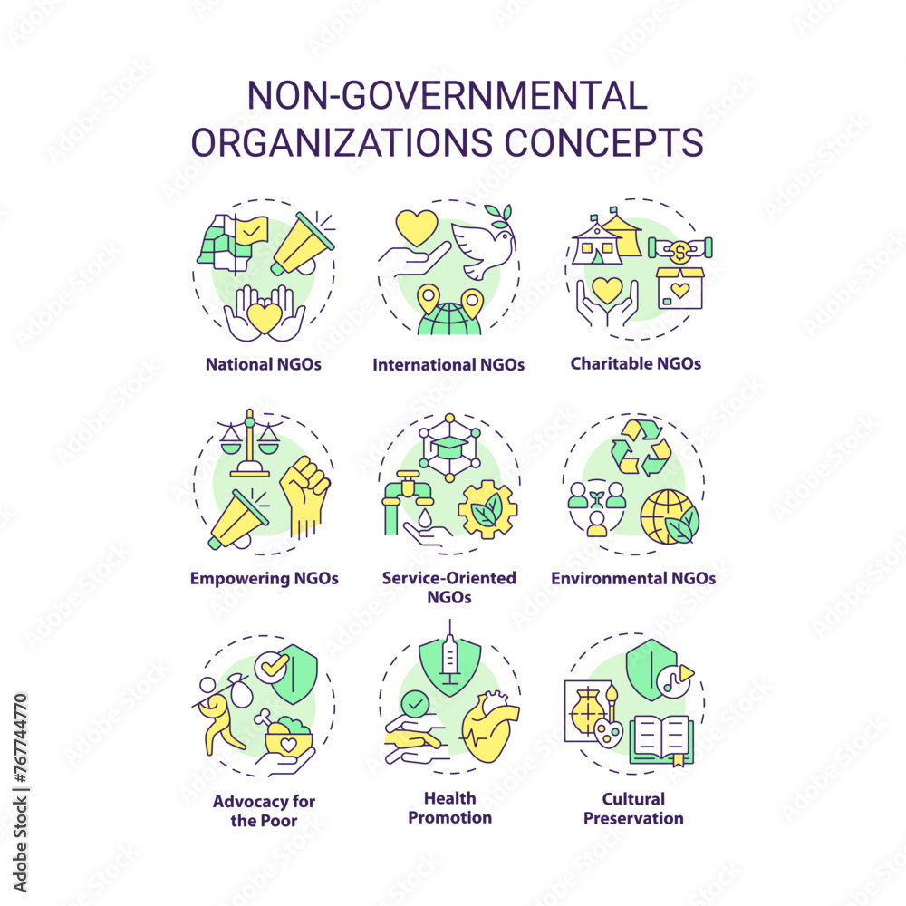 Non-governmental organizations multi color concept icons. Fighting for human rights. Social justice. Humanitarian aid. Icon pack. Vector images. Round shape illustrations. Abstract idea