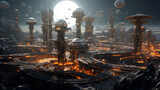 Fantasy alien planet futuristic metropolis. 3D illustration style.