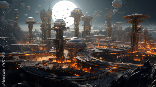 Fantasy alien planet futuristic metropolis. 3D illustration style.