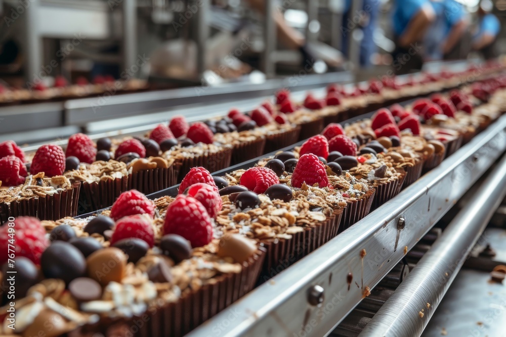 Factory, conveyor line with ganola with fruits and chocolate, selective focus