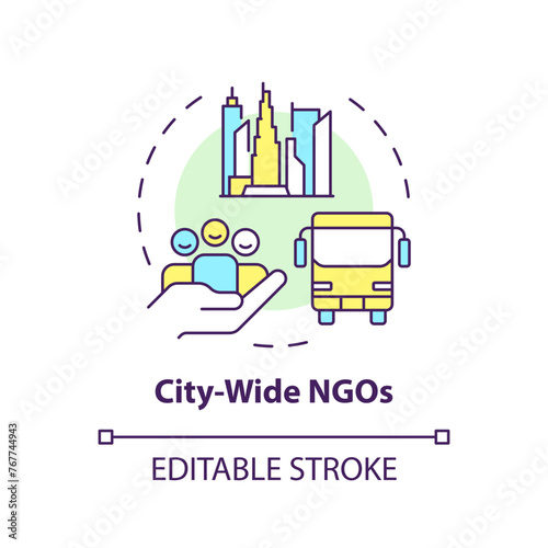 City wide NGOs multi color concept icon. Non governmental organization. Urban planning. Public transport. Round shape line illustration. Abstract idea. Graphic design. Easy to use in article