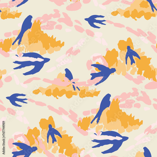 Swallows in the clouds seamless pattern. Not AI, drawn by hand.