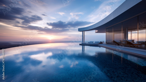 Infinity swimming pool of luxury villa with beautiful sunset in the background
