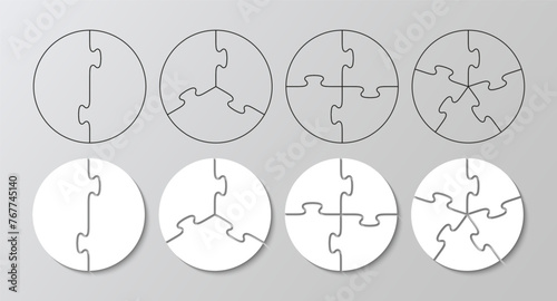 Puzzle pieces filled and outline. Cutting templates collection with details. Scheme for thinking game with 2, 3, 4 and 5 details. Set of circle jigsaw grids. Vector illustration