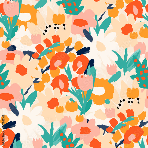 WebAbstract floral seamless pattern. Bright colors, gouache painting.hand drawn, not AI