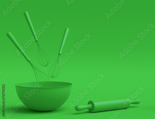 Wooden kitchen utensils, tools and equipment on green monochrome background.