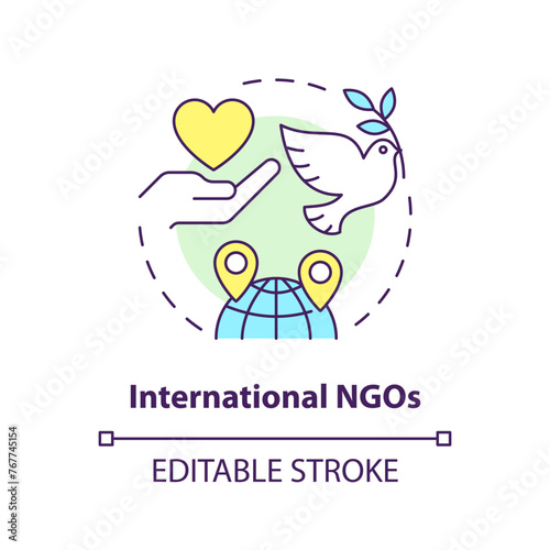 International NGOs multi color concept icon. Non governmental organization. Global outreach. Worldwide partnership. Round shape line illustration. Abstract idea. Graphic design. Easy to use in article