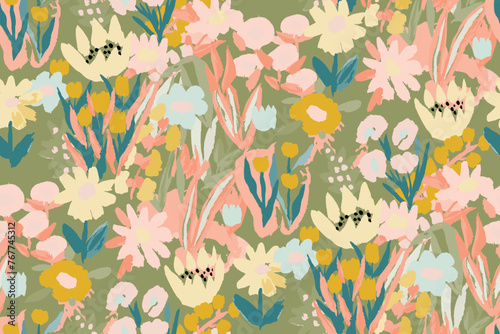  Abstract floral seamless pattern. Bright colors, gouache painting.hand drawn, not AI