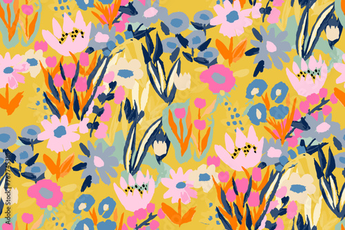  Abstract floral seamless pattern. Bright colors, gouache painting.hand drawn, not AI