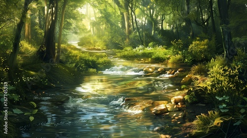 A gentle brook winding through a sun-dappled forest  its crystal-clear waters reflecting lush greenery. 