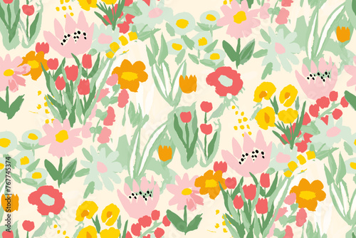  Abstract floral seamless pattern. Bright colors, gouache painting.hand drawn, not AI
