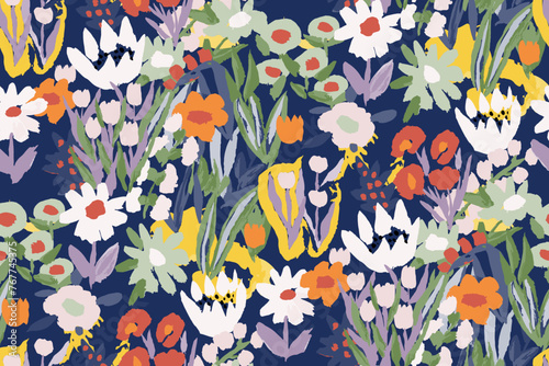  Abstract floral seamless pattern. Bright colors, gouache painting.hand drawn, not AI