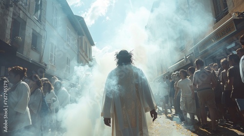 A man in a white robe walks through a cloud of smoke on a dark city street