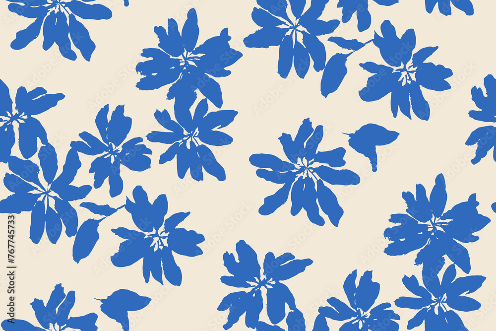 Simple monochrome two-color seamless pattern with flowers silhouette.