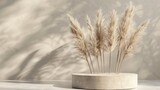3D rendering of a beige round podium, with a large branch of pompous grass in the background  