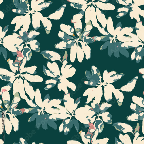 Simple monochrome two-color seamless pattern with flowers silhouette.
