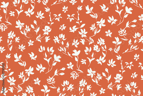 Simple monochrome two-color seamless pattern with flowers silhouette.