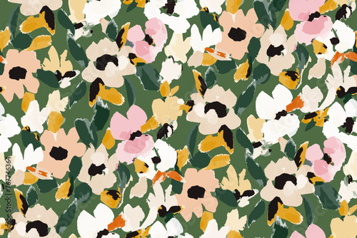 WebAbstract floral seamless pattern. Bright colors, gouache painting.hand drawn, not AI