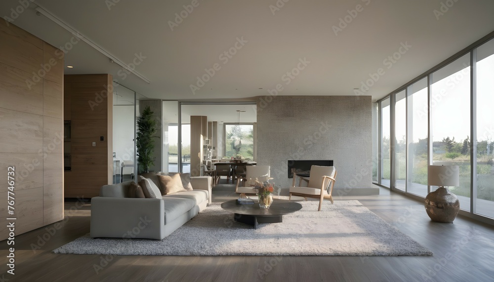 A panoramic view of the living room from the entryway, with a focus on the interplay of natural light and shadow across the textured surfaces of the room.