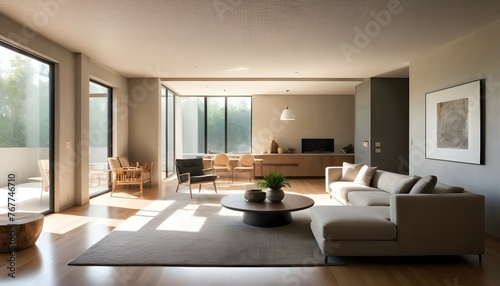 A panoramic view of the living room from the entryway  with a focus on the interplay of natural light and shadow across the textured surfaces of the room.