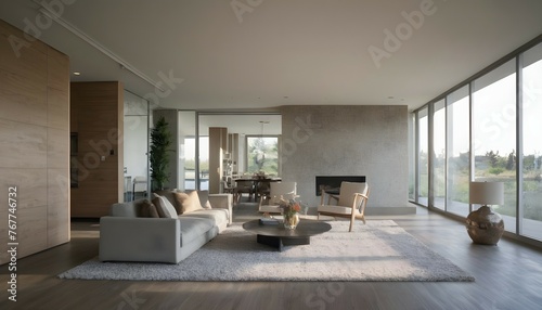 A panoramic view of the living room from the entryway, with a focus on the interplay of natural light and shadow across the textured surfaces of the room. © Muhammad